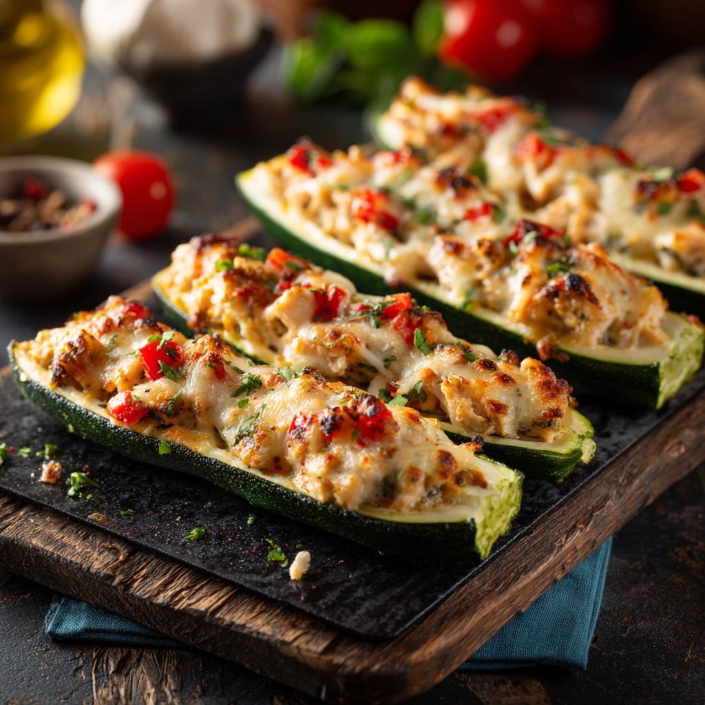 Chicken And Rice Stuffed Zucchini Boats